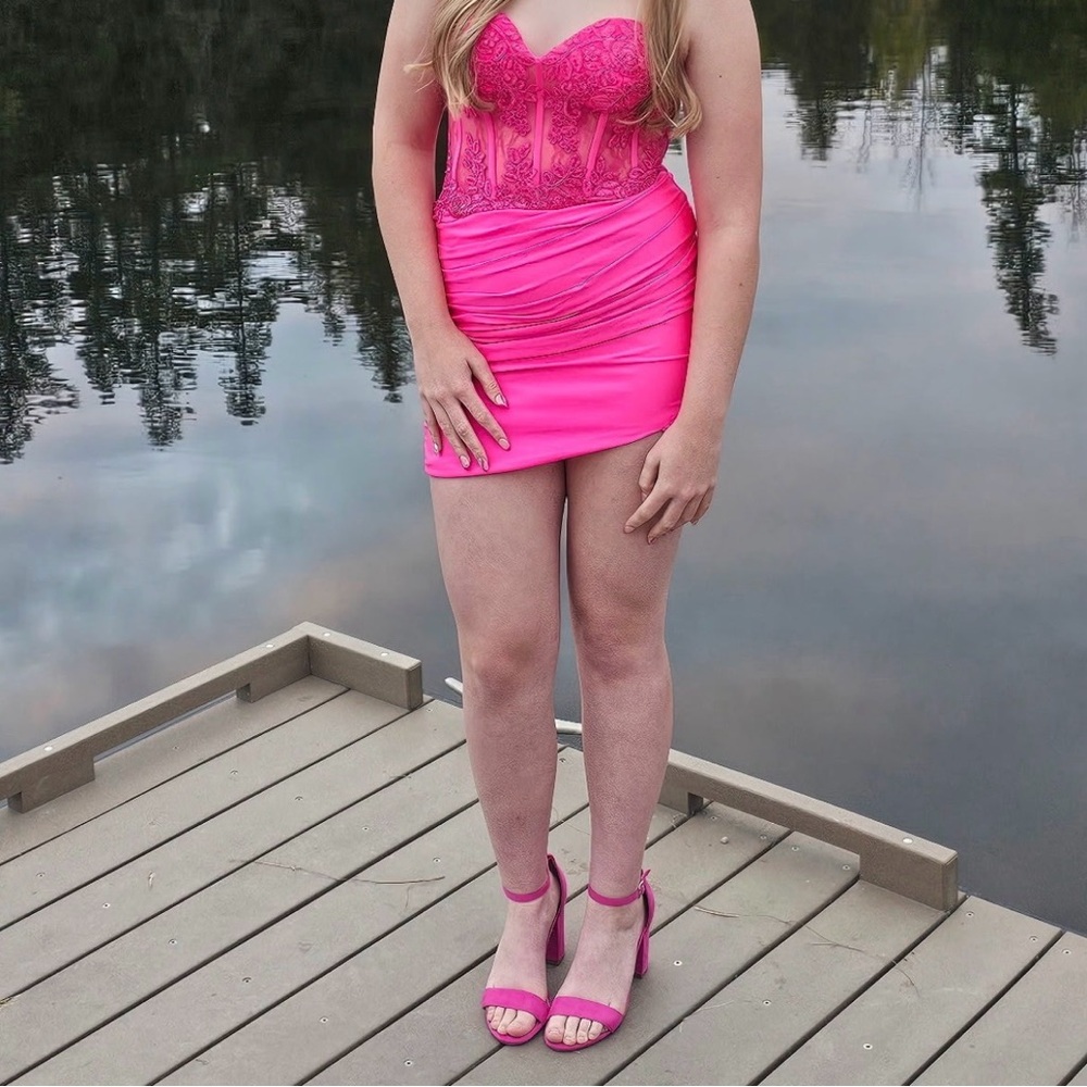 Strapless Fuchsia Lace Appliqué Mini Dress